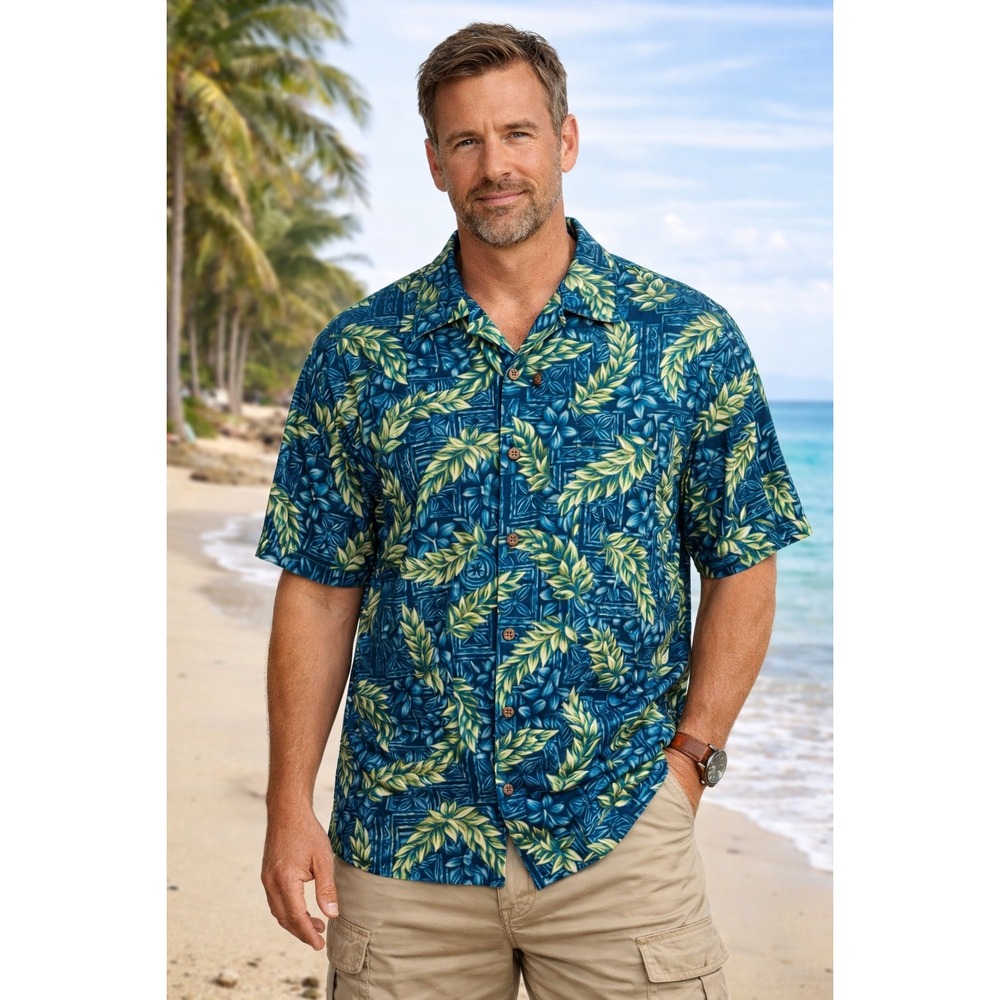 Men’s Hawaiian Shirt LargeTropical Resort Vacation Miami Coastal Beach Cruise‎